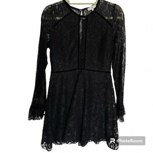 NSR Lace Long Sleeve Ruffle Cuff Black Sheer Mini Cocktail Dress Size Me…
